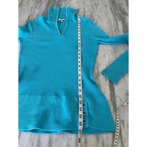 Cache- Cyan Blue Ribbed Knit Pullover Sweater Rhinestones Size Large - Picture 7 of 9